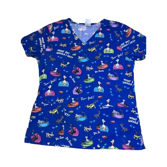 Dr. Seuss What Pet Should I Get? S Scrub Top Royal Blue Paw-fect! 100% Cotton - Picture 1 of 8